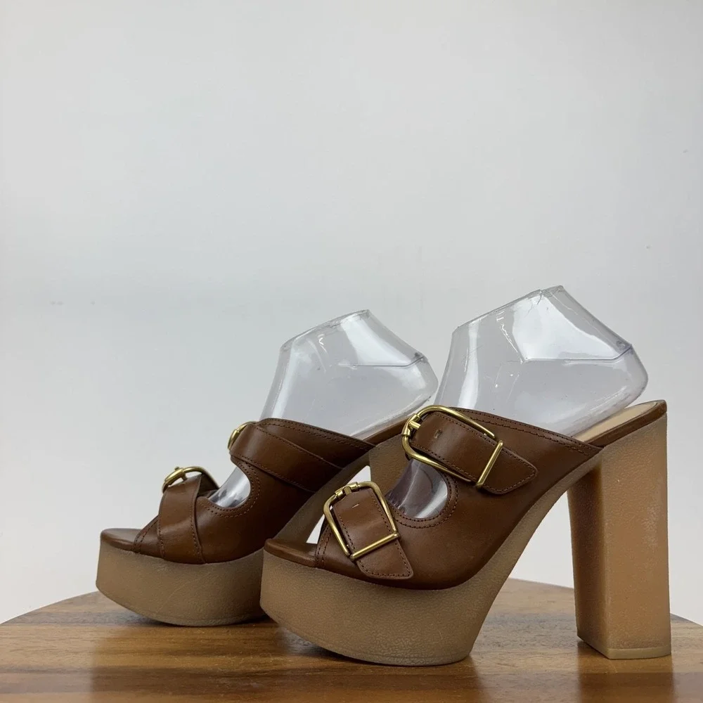 New Womens Veronica Beard Garrick Brown Leather Platform Slide Sandals Size 9 M - Picture 2 of 8